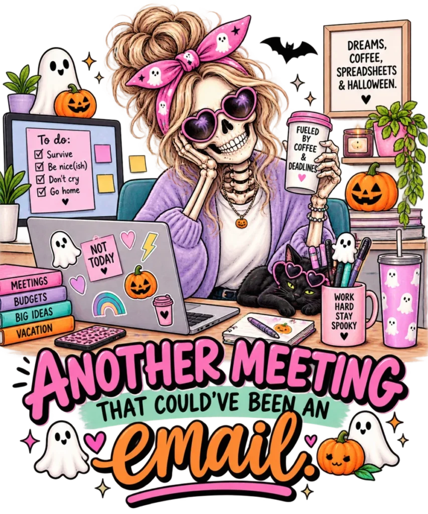 Colorful Halloween office design with Another Meeting That Could Have Been an Email phrase