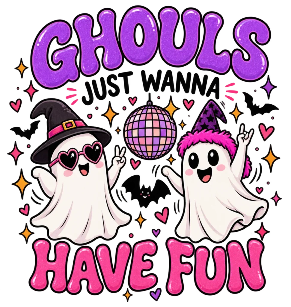 Two party ghosts beneath Ghouls Just Wanna Have Fun lettering
