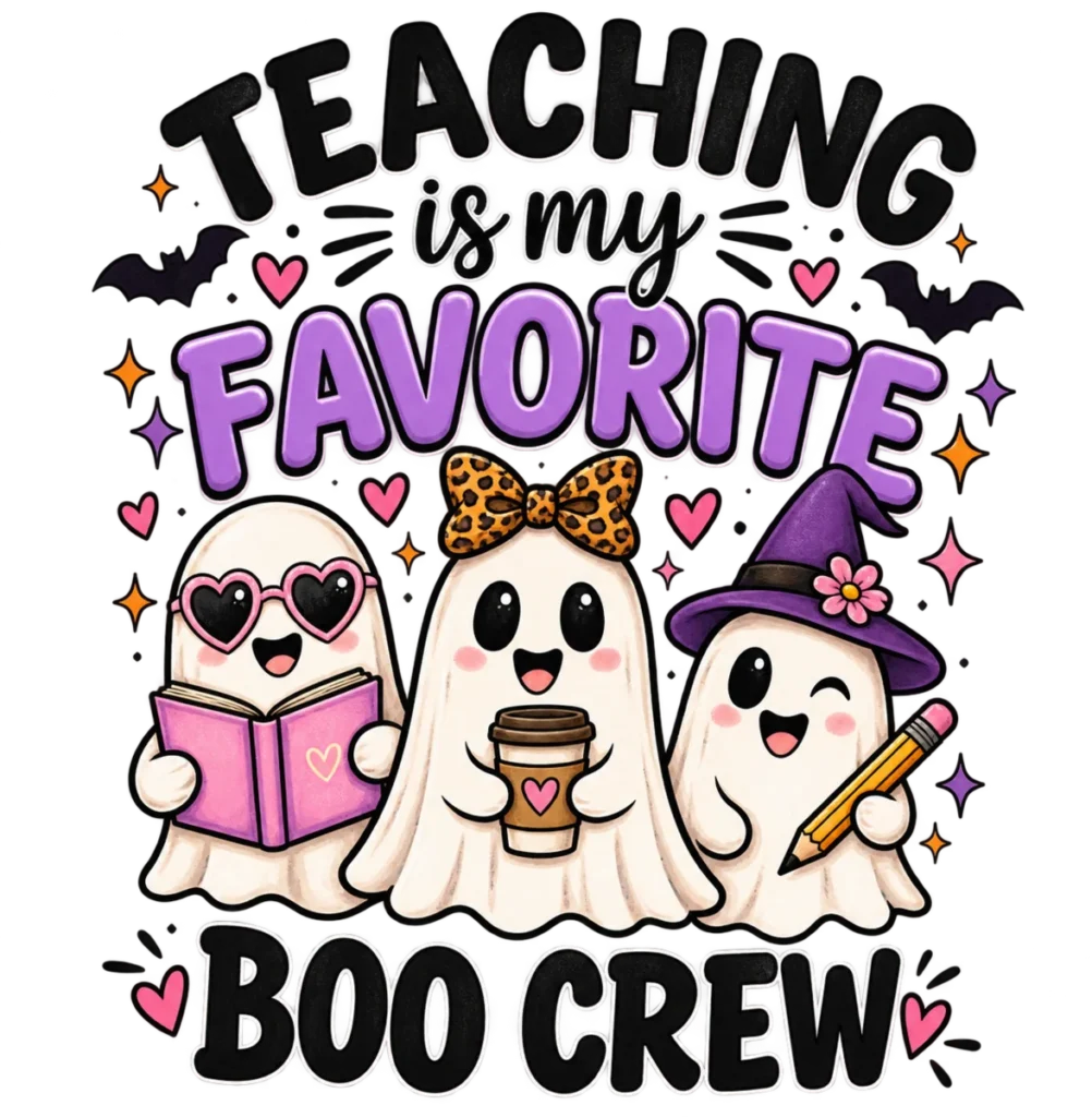 Cute teacher ghost group with Teaching Is My Favorite Boo Crew lettering