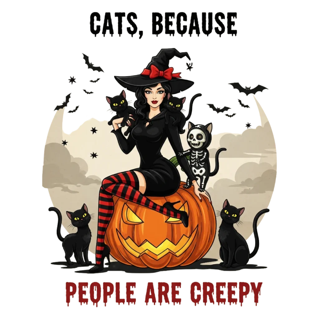 Witch sitting on pumpkin surrounded by black cats beneath Cats Because People Are Creepy phrase